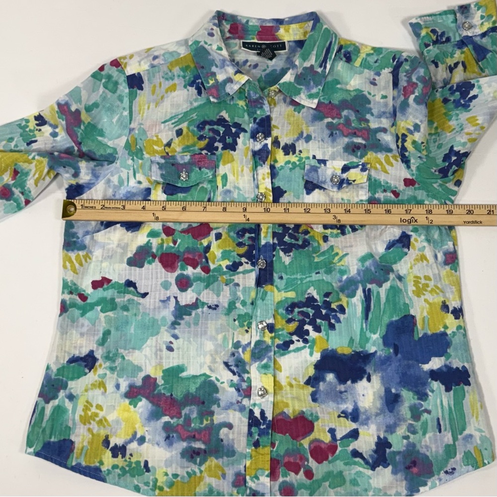 Watercolor Floral Karen Scott Petite Cotton Button Front Top Size LP Large Petit - Picture 4 of 8